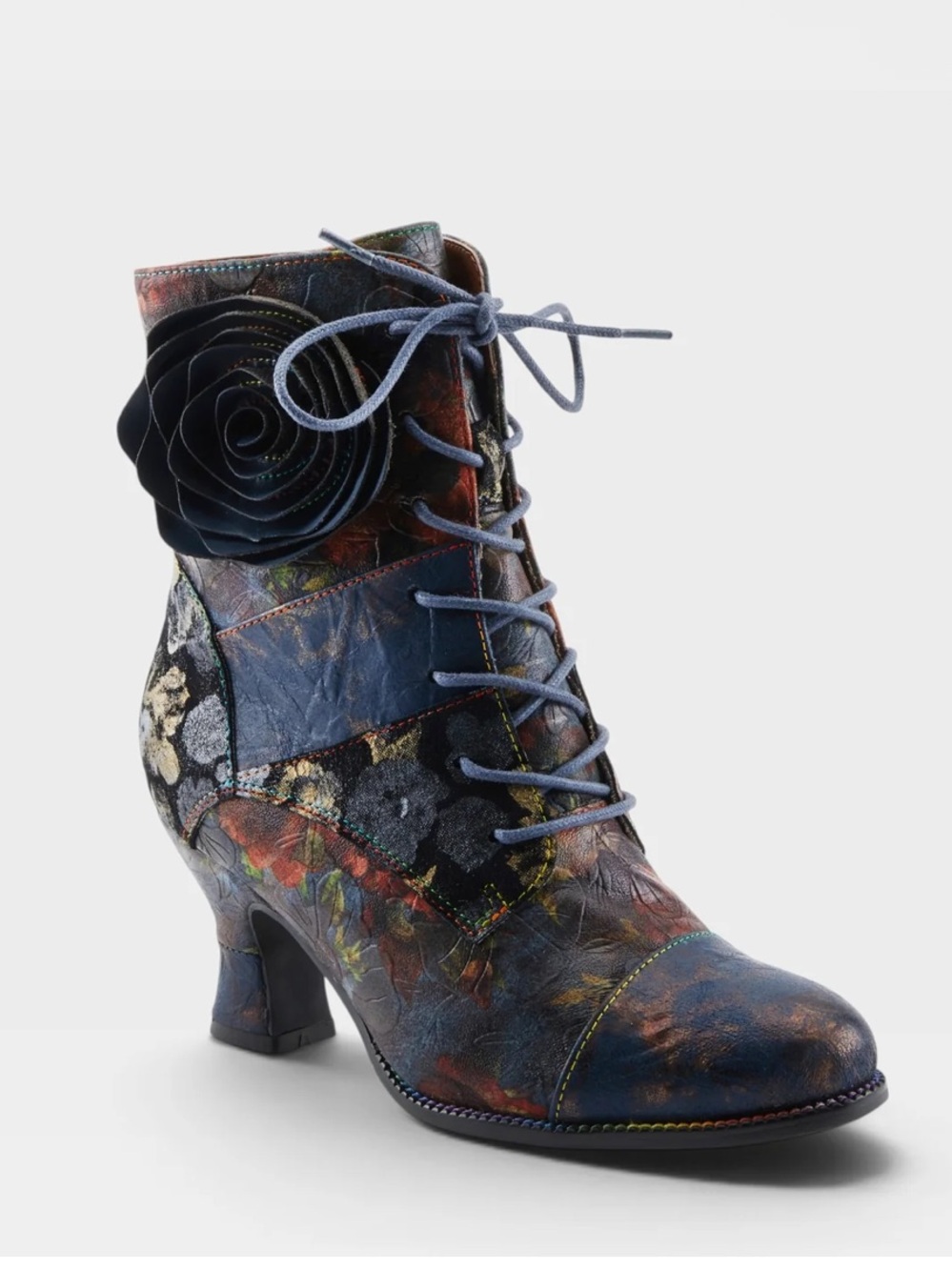 Floral Lace-Up Ankle Boots with Rosette Accent - Black Multi